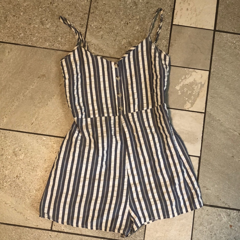 blue and white striped romper